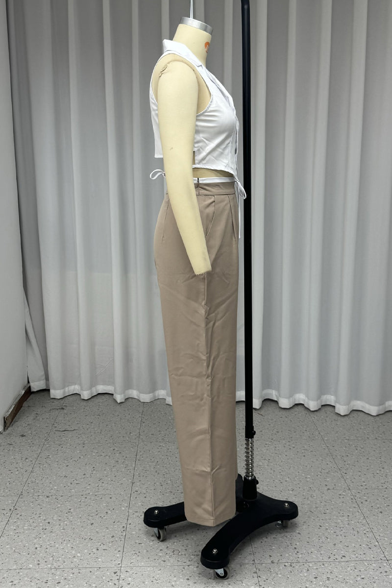 Casual Lace Up Buttons Turndown Collar Sleeveless Two Pieces