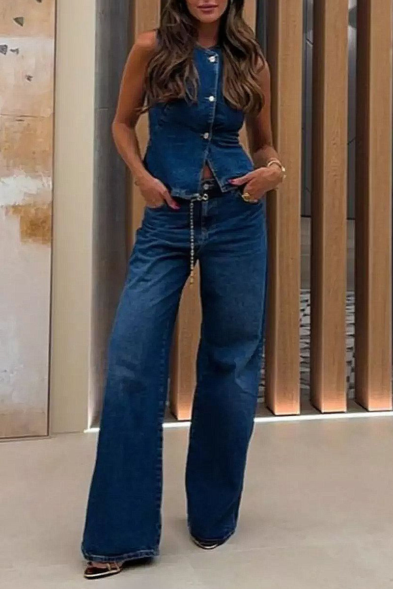 Casual Buttons O Neck Sleeveless Two Pieces