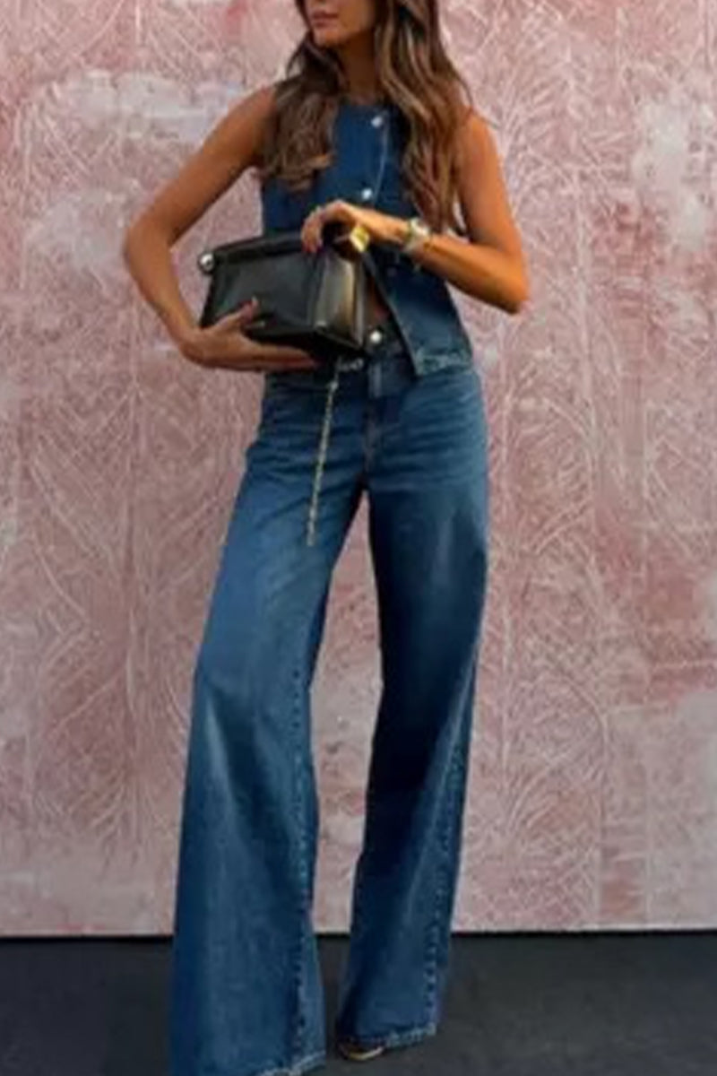 Casual Buttons O Neck Sleeveless Two Pieces