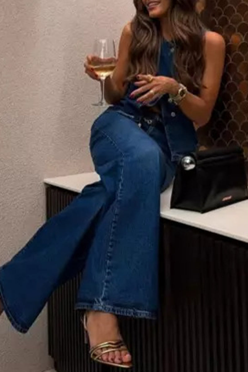 Casual Buttons O Neck Sleeveless Two Pieces