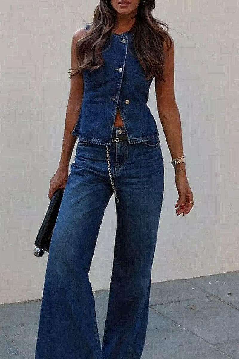 Casual Buttons O Neck Sleeveless Two Pieces