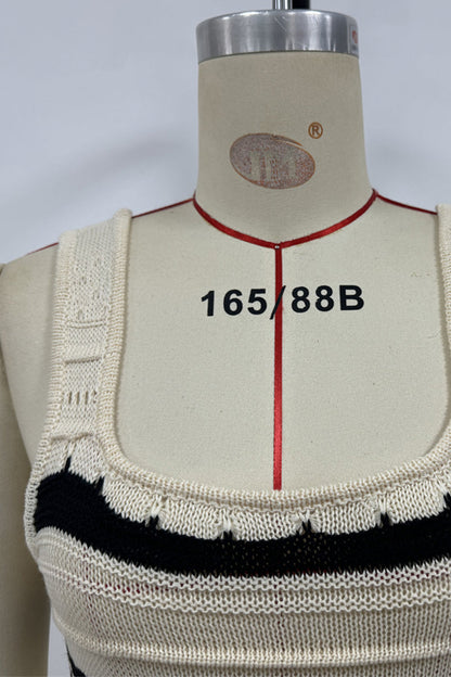 Sexy Stripe Weave Contrast U Neck One Step Skirt Dresses