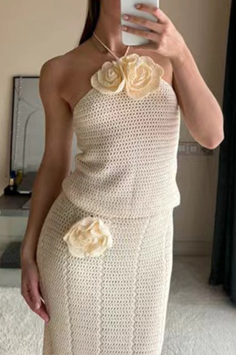 Sexy Hook Flower Patchwork Halter Sleeveless Two Pieces