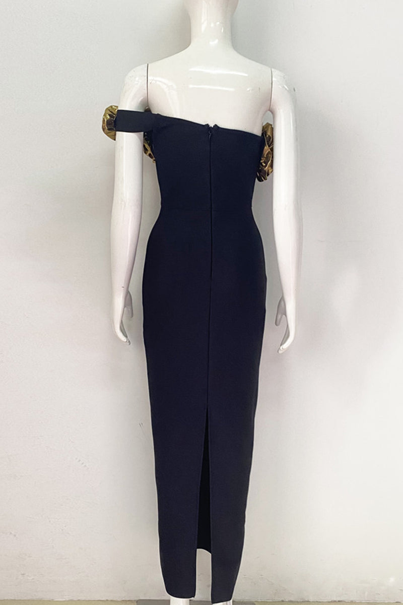 Elegant Slit Flower Shape Oblique Collar Long Dresses