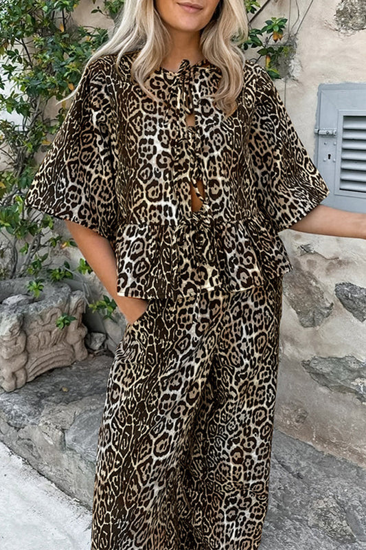Casual Leopard Lace Up Contrast O Neck Short Sleeve Two Pieces