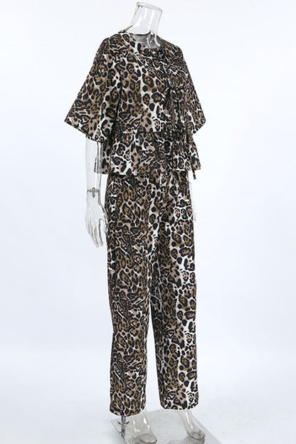 Casual Leopard Lace Up Contrast O Neck Short Sleeve Two Pieces