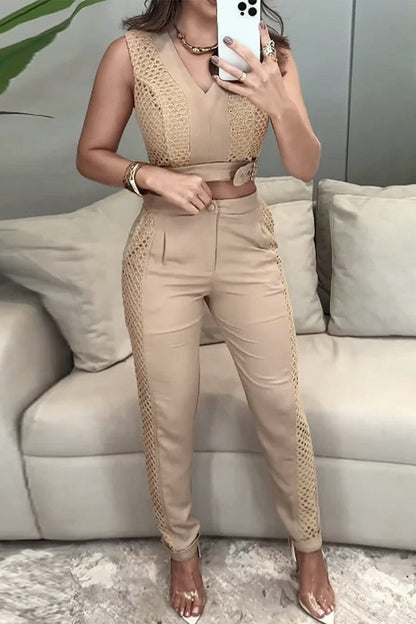 Casual Pocket Buttons Mesh V Neck Sleeveless Two Pieces