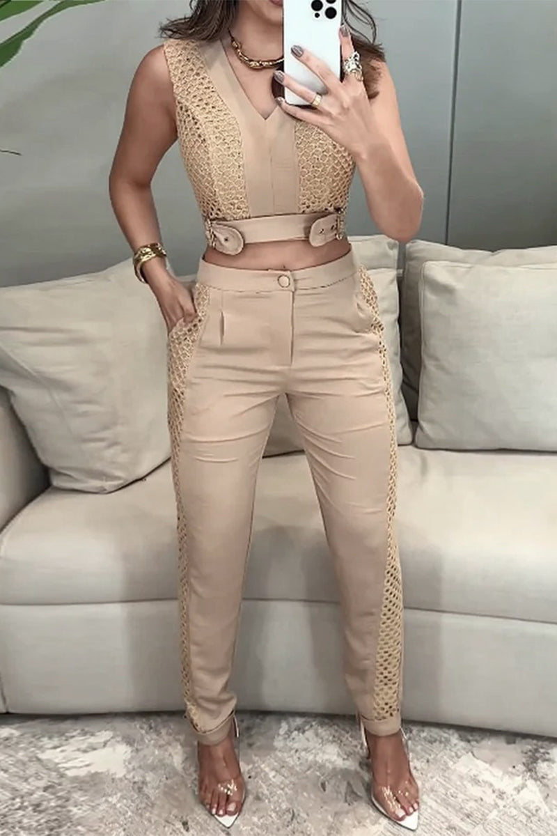 Casual Pocket Buttons Mesh V Neck Sleeveless Two Pieces