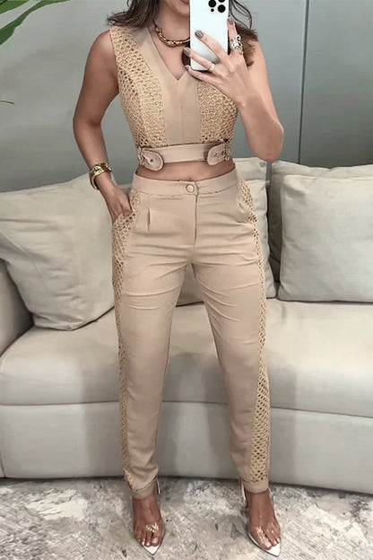 Casual Pocket Buttons Mesh V Neck Sleeveless Two Pieces