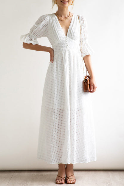 Elegant Buttons Patchwork V Neck A Line Dresses(3 Colors)