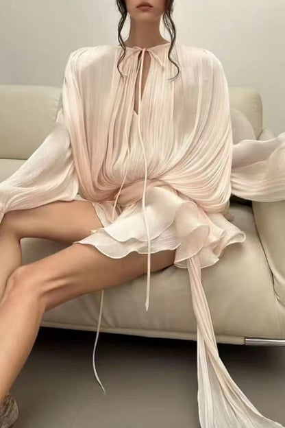 Elegant Lace Up Flounce O Neck Long Sleeve Two Pieces