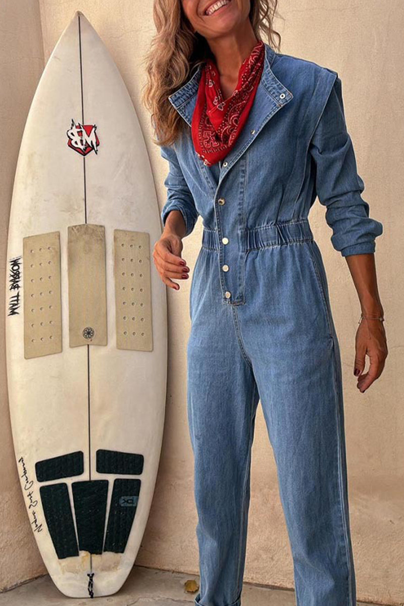 Casual Solid Color Distressed Pocket Buckle O Neck Long Sleeve Regular Denim Jumpsuits