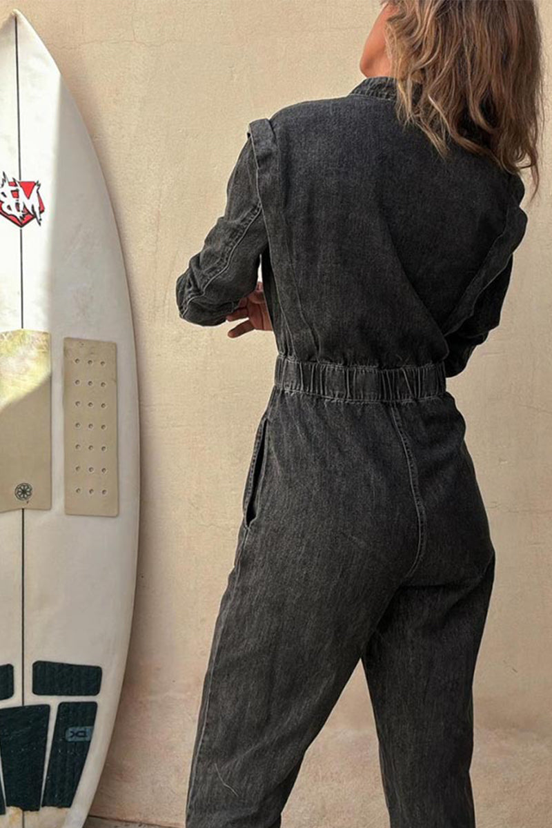 Casual Solid Color Distressed Pocket Buckle O Neck Long Sleeve Regular Denim Jumpsuits