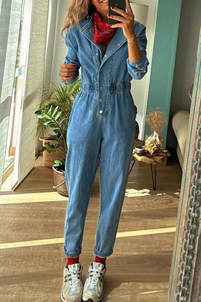 Casual Solid Color Distressed Pocket Buckle O Neck Long Sleeve Regular Denim Jumpsuits