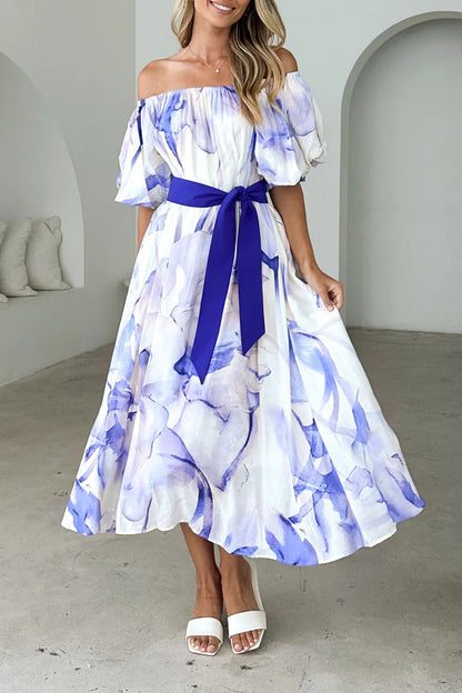 Elegant Floral Print Lace Up Off Shoulder A Line Dresses