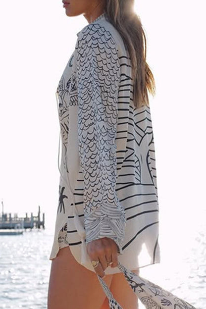 Casual Graffiti Print Tassel Contrast V Neck Long Sleeve Two Pieces