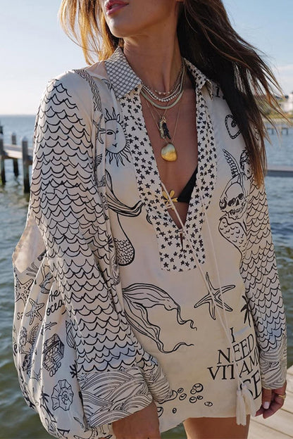 Casual Graffiti Print Tassel Contrast V Neck Long Sleeve Two Pieces