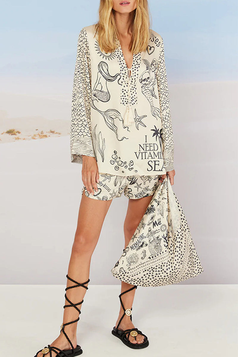 Casual Graffiti Print Tassel Contrast V Neck Long Sleeve Two Pieces