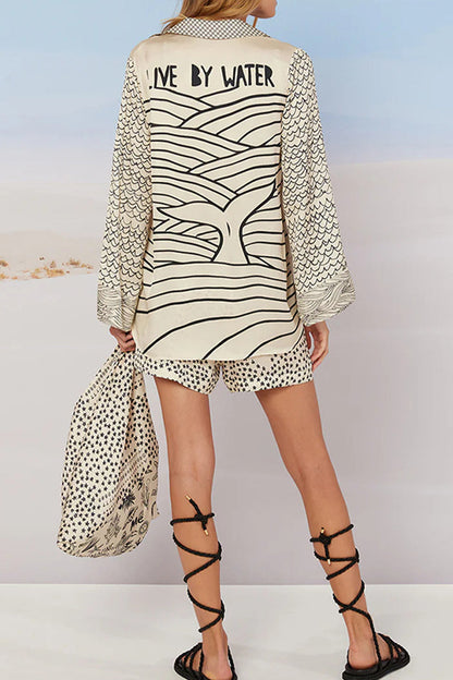 Casual Graffiti Print Tassel Contrast V Neck Long Sleeve Two Pieces