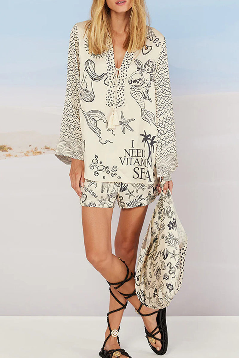 Casual Graffiti Print Tassel Contrast V Neck Long Sleeve Two Pieces