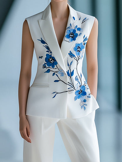 Urban Sleeveless Floral Printed Blazer and Trousers Set