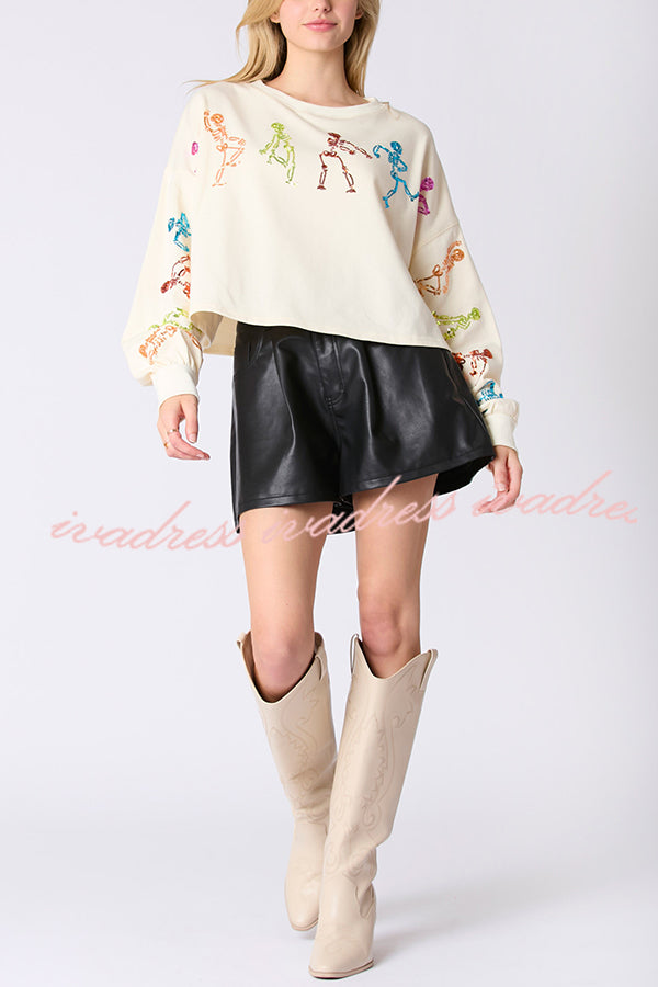Halloween Skull Sequin Loose Crop Casual Sweatshirt