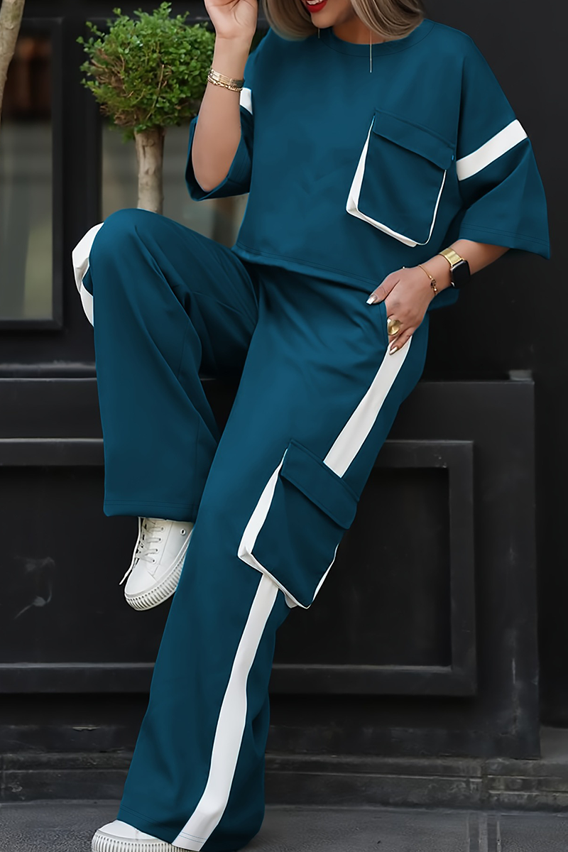 Casual Solid Color Pocket Contrast O Neck Half Sleeve Two Pieces