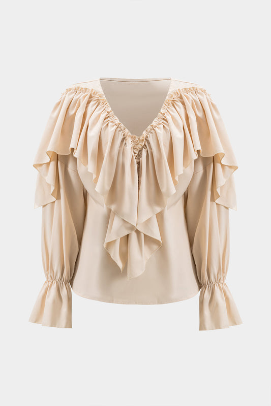 Ruched Ruffle Long-Sleeve Shirt