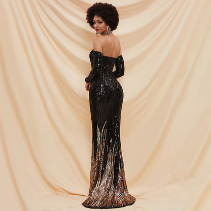 Black Tube Top off-Shoulder Annual Party Host Sequined Small Trailing Evening Dress Formal Gown