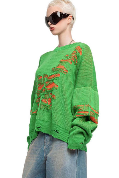 Colorblock Ripped Relaxed Sweater