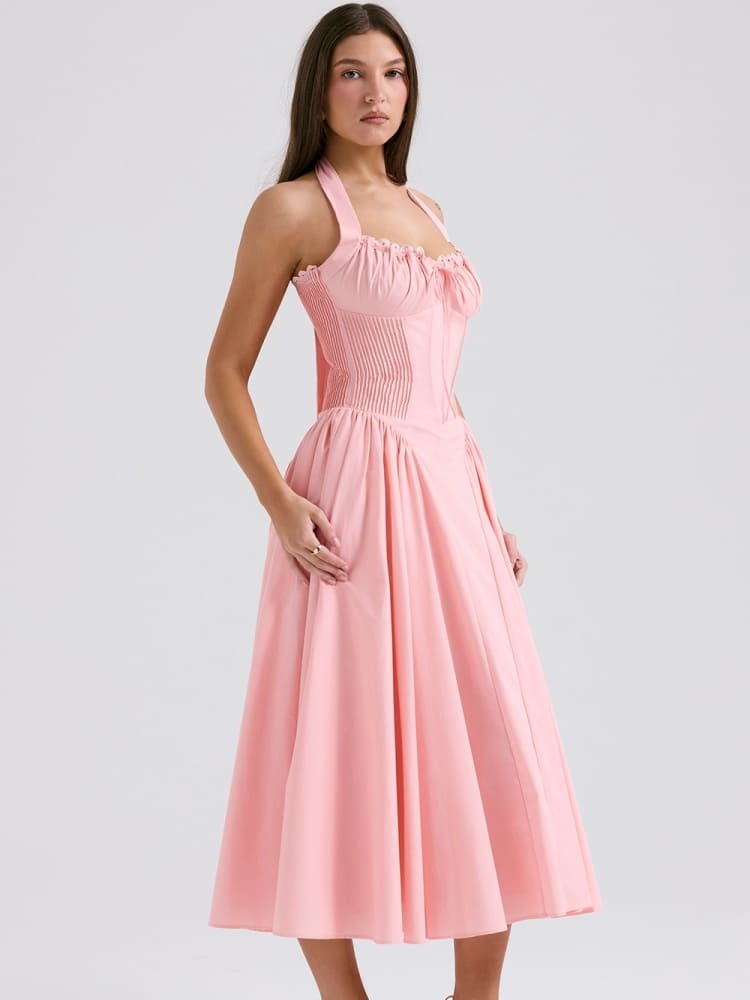 Barbie Pink Backless Halter Midi Dress