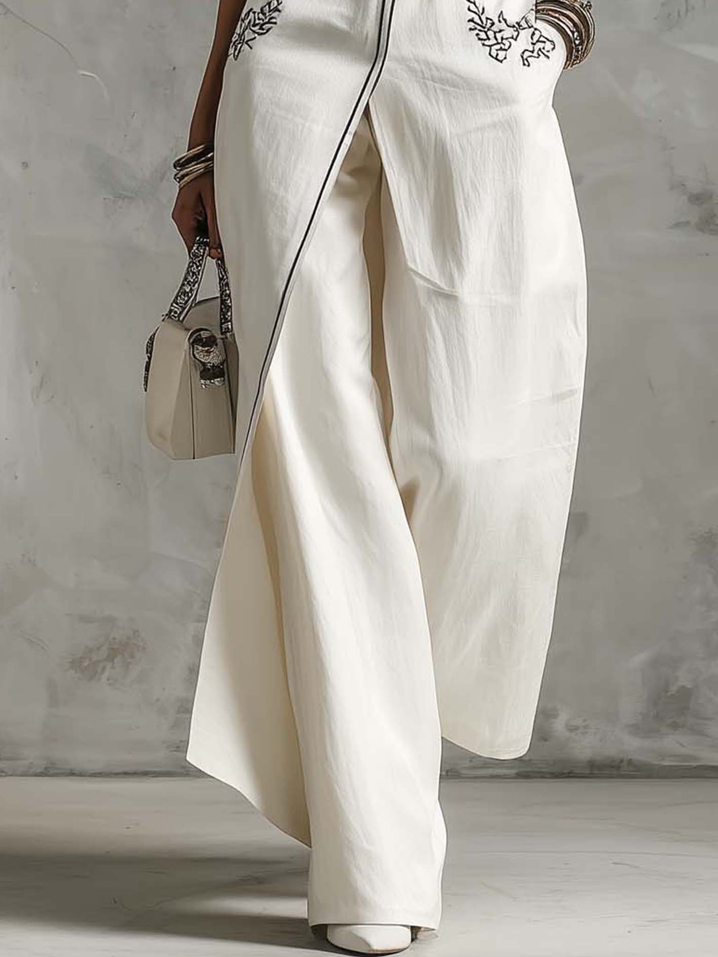 White Linen Cotton Two-Piece Set With Black Vintage Embroidery And Trim