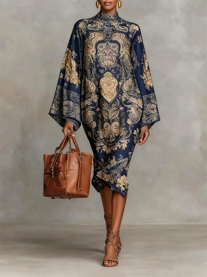 Daily Pink Paisley Mock Neck Long Sleeve Boho Midi Dresses