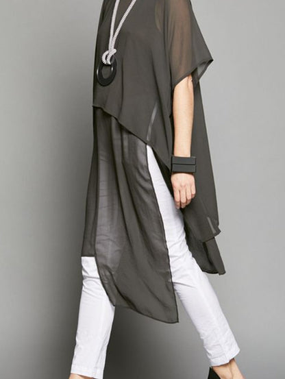 Daily Plain Crew Neck Short Sleeve Layered Slit Long Shirt