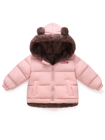 Girls' Cute Bear Ears Fleece Coat - Long Sleeve Winter Jacket with Cardigan Collar, Full-Zip Front Closure, Warm Padded Hooded Coat for Boys & Girls, Cozy Fall/winter Outerwear With Pockets (solid Color, Casual Style, Regular Fit, Hand Washable)