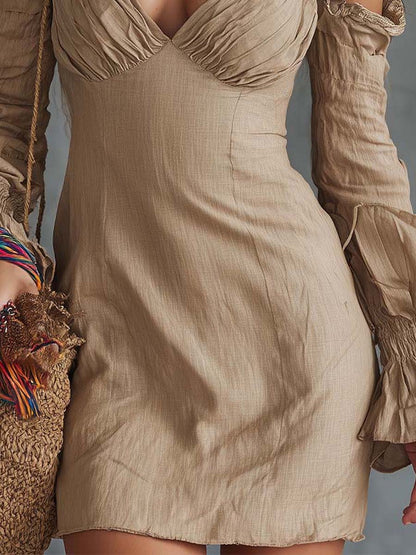 Bohemian Cotton Linen Off-Shoulder Ruched Mini Dress