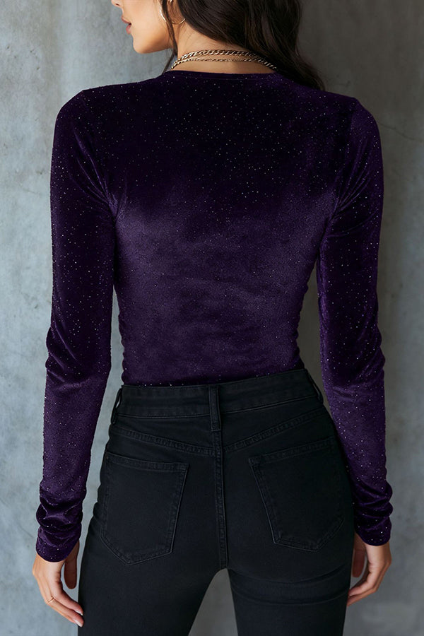 Fashionable Velvet Sequined V-neck Long-sleeved Fitted Top