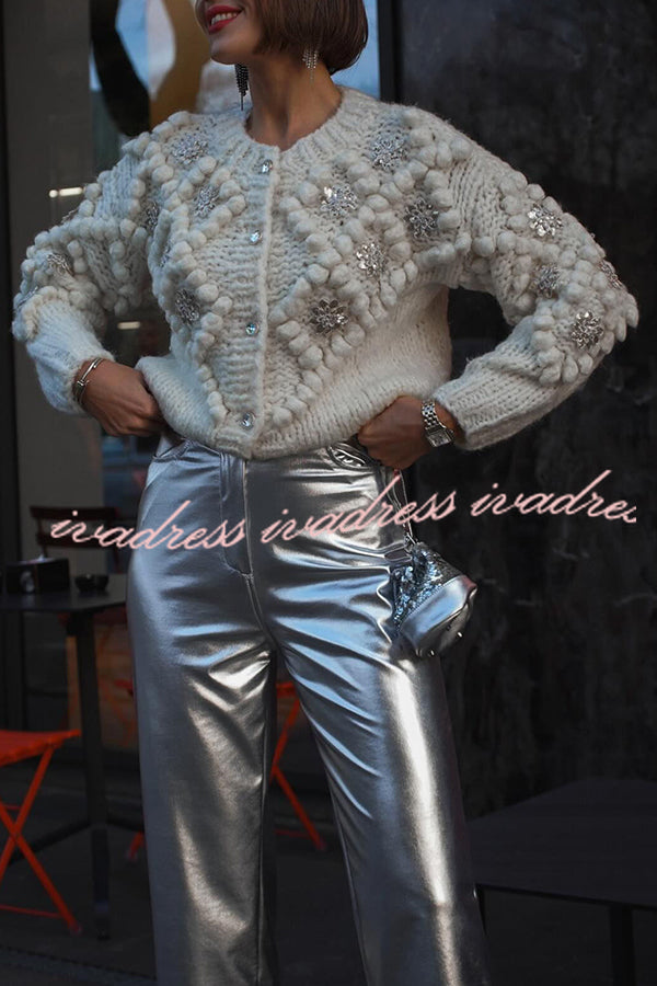 Cárdigan de punto con lentejuelas y pompones de flores 