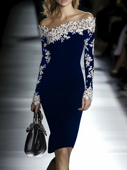 Cocktail Party Black Off The Shoulder Long Sleeve See Through Boho Contrast Lace Midi Dresses