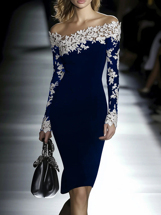 Cocktail Party Black Off The Shoulder Long Sleeve See Through Boho Contrast Lace Midi Dresses