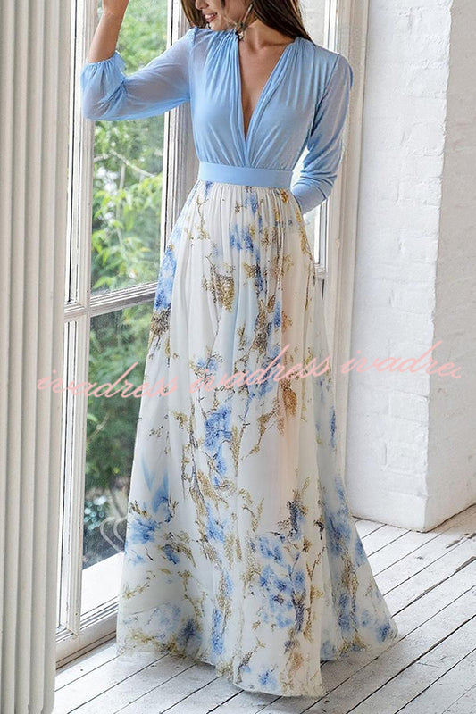 Vestido largo elegante con cuello en V, manga larga y costuras 