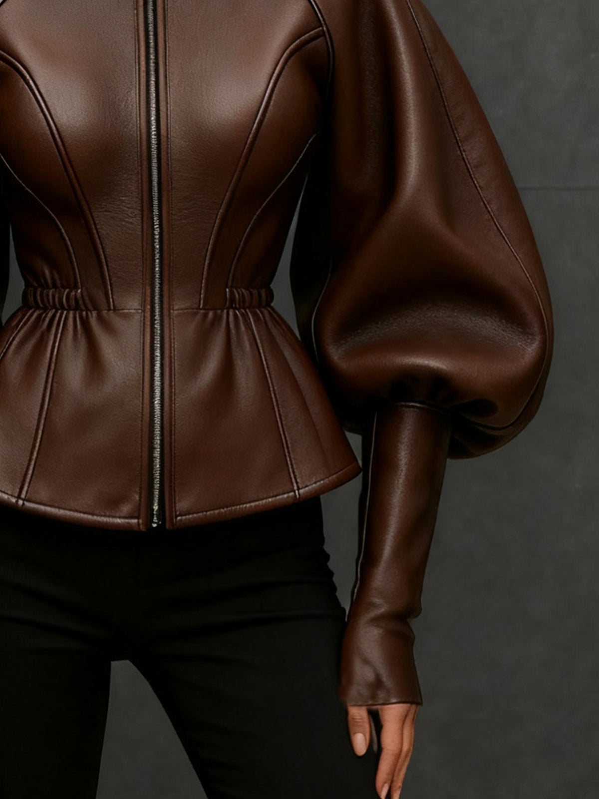 24-Hour-Shipping Brown Faux Leather Jacket With Balloon Sleeves