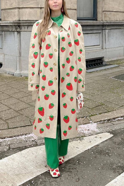 Fashion Fruit Print Long Coat Cherry Trench Coat