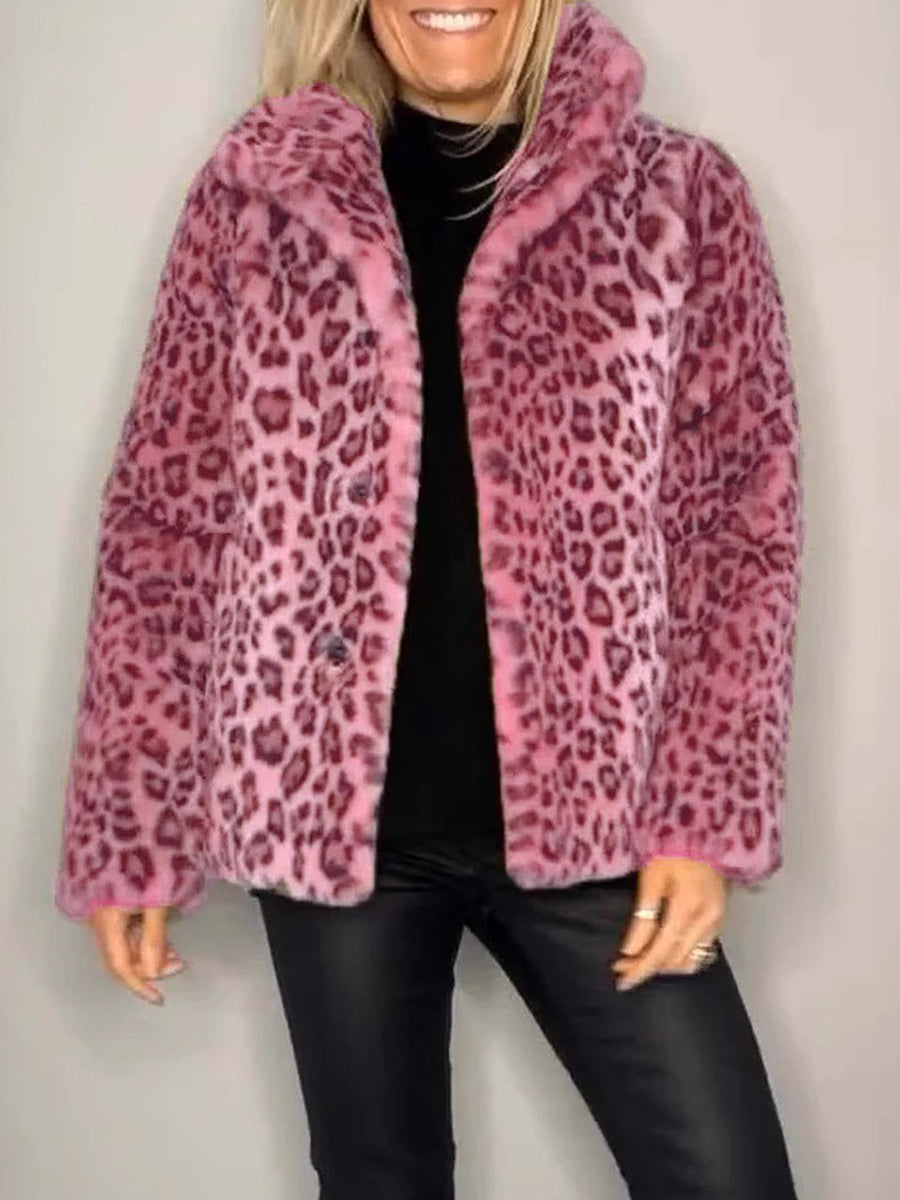 Daily Brown Leopard Turndown Collar Long Sleeve Vintage Faux Fur Coat