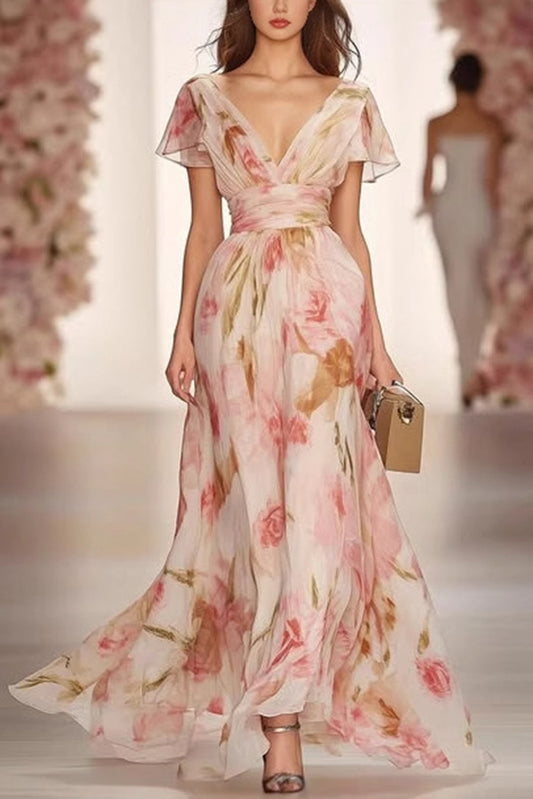 Vestido largo informal con estampado floral, escote en V, manga corta y cintura alta 