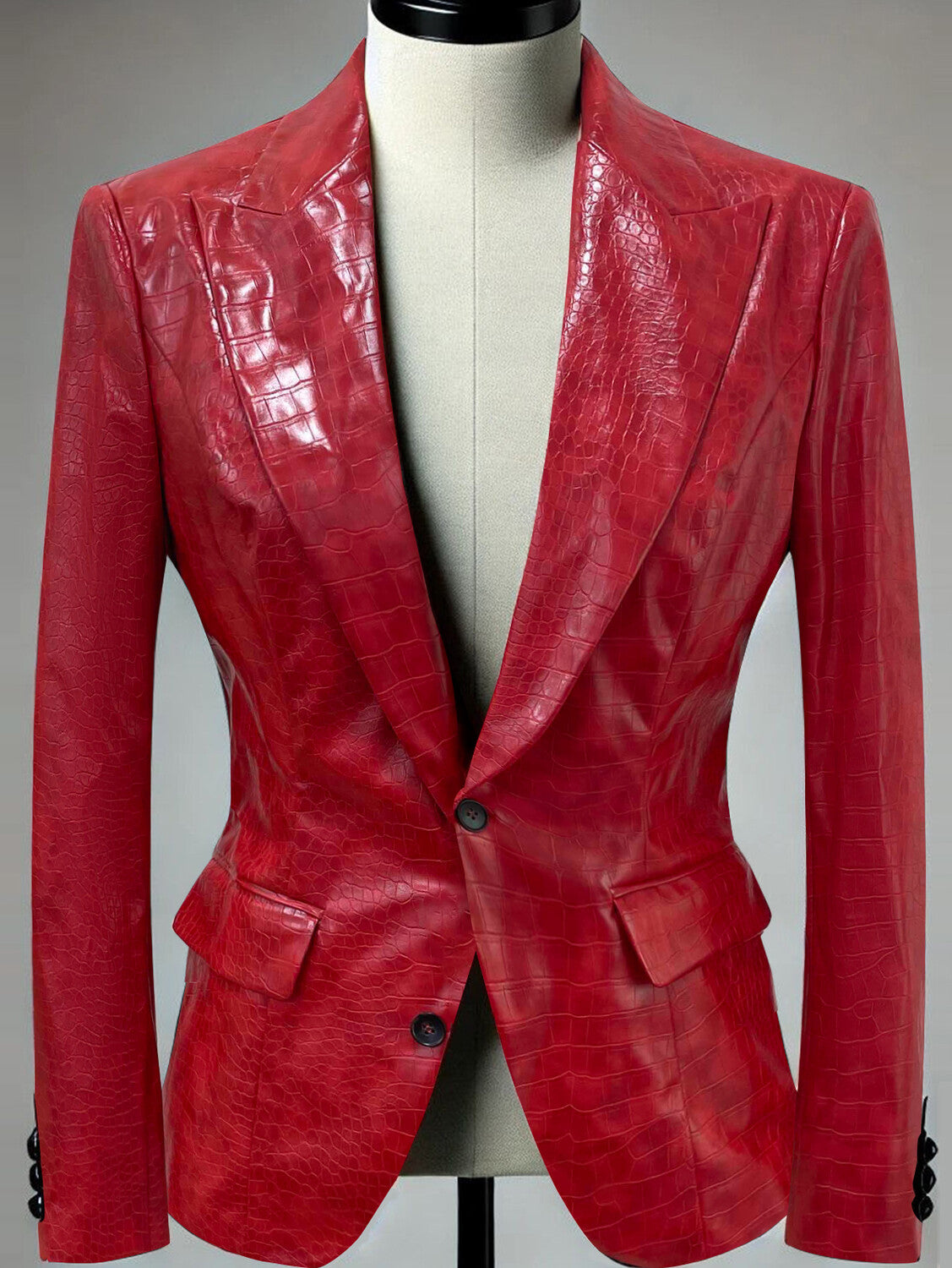 sheenchic PU Leather Crocodile Pattern Peak Lapel Two Button Blazer