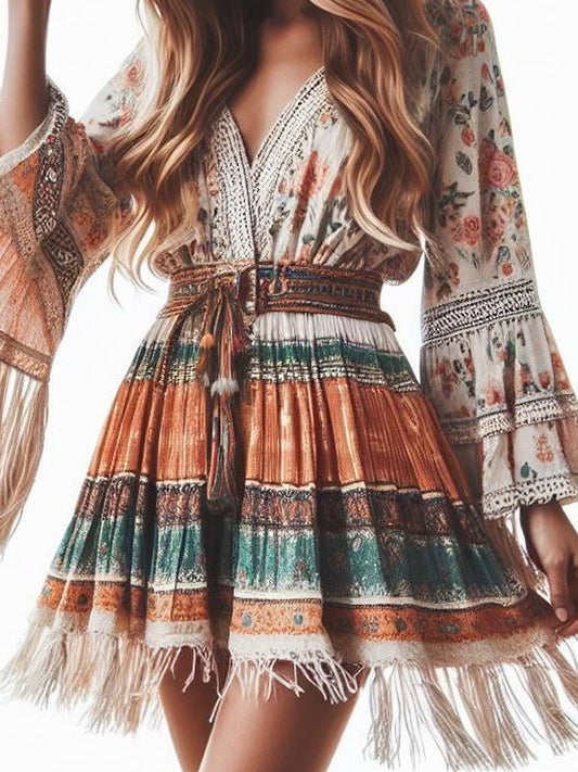 Boho Floral Patchwork Lace Up Flare Sleeve Fringe Mini Dress