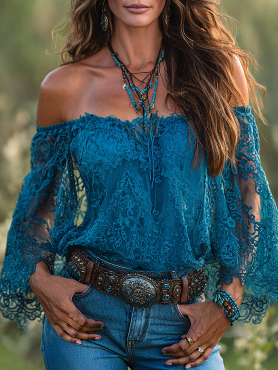 sheenchic Boho Blue Off Shoulder Flare Sleeve Lace Blouse