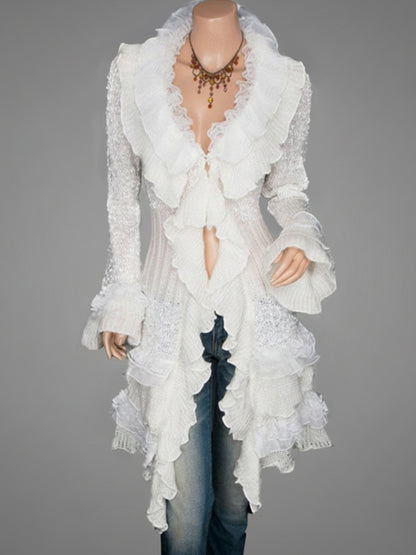 Daily Brown Stand-Up Collar Flare Long Sleeve Ruffle Vintage Contrast Knitted Cardigans