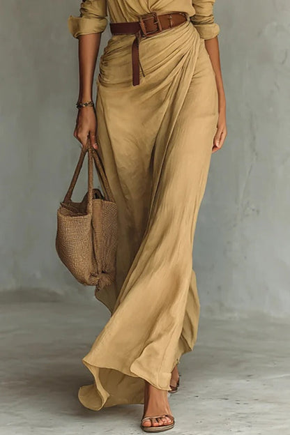 City Sleek Single Breasted Long Sleeve Warp Slit Shirt Maxi Dress